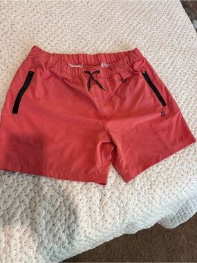 🏊🏊Men’s Flag Nor Fail Coral Swim/Active Shorts with Black Zip Pockets 🩳🩳